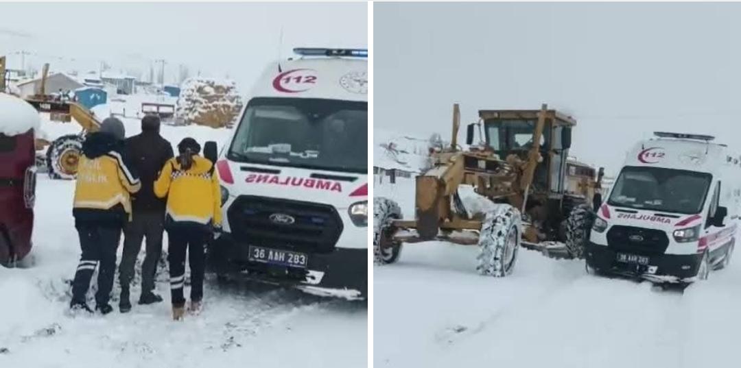 Kars'ta kar nedeniyle mahsur kalan hastayı kar kapları ve 112 Acil kurtardı