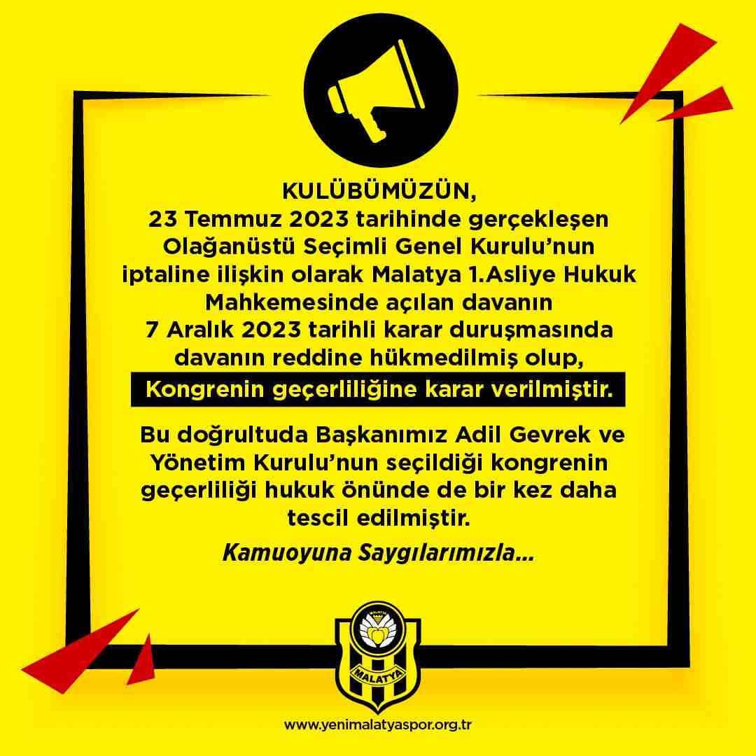 Yeni Malatyaspor’da Adil Gevrek’in Başkanlığı tescillendi