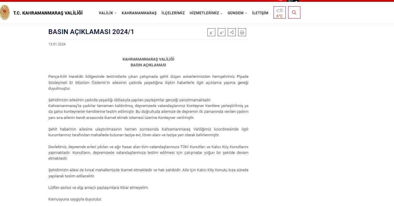 Valilik, DHA'nın 'şehit ailesi çadırda kalıyor' haberini yalanladı